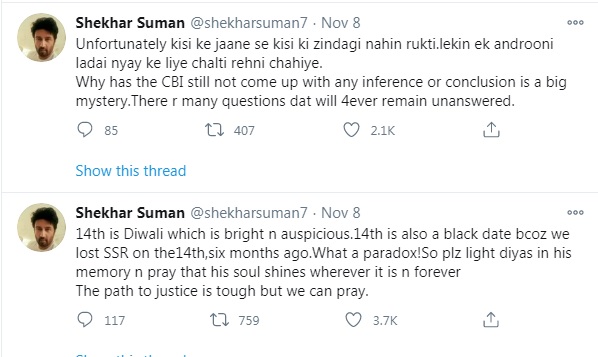 Shekhar Suman Tweeted to request all to light diyas on Diwali in the memory of Late Sushant Singh Rajput 3